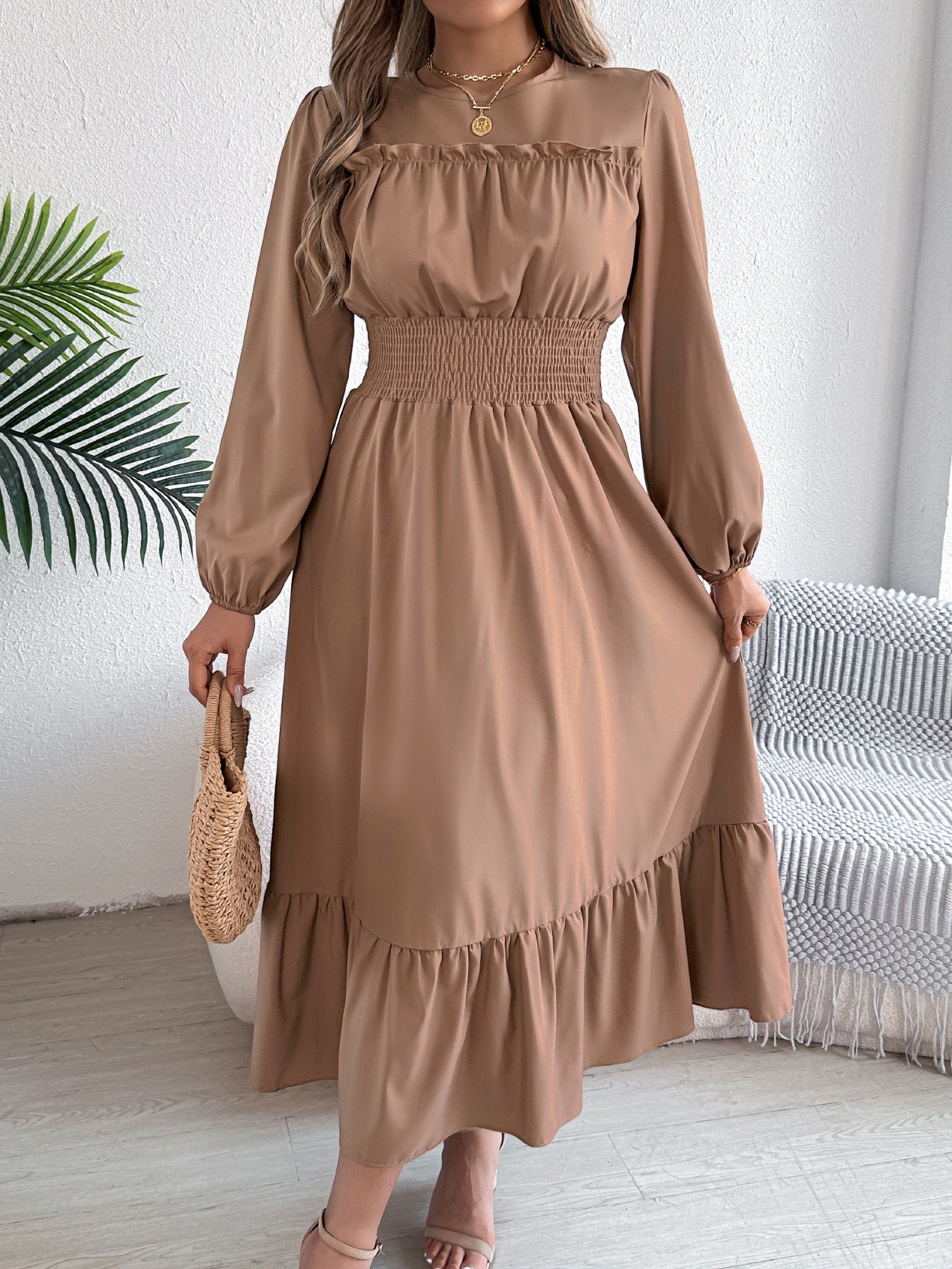 Women's Solid Color Stringy Selvedge Cinched Pleated Long Dress