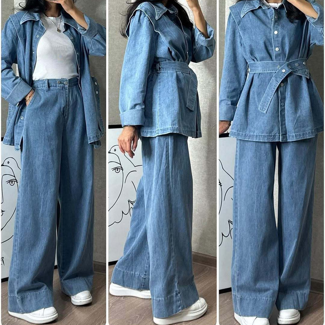 Womens Long-Sleeve Denim Jacket And Wide-Leg Jeans Two-Piece Set