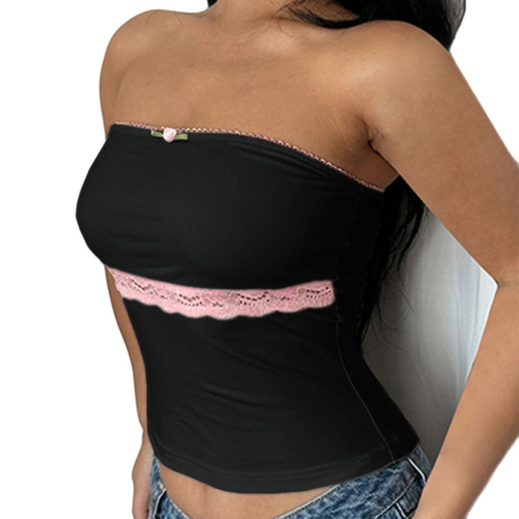 Contrast Color Lace Stitching Tube Top Vest Slim Top