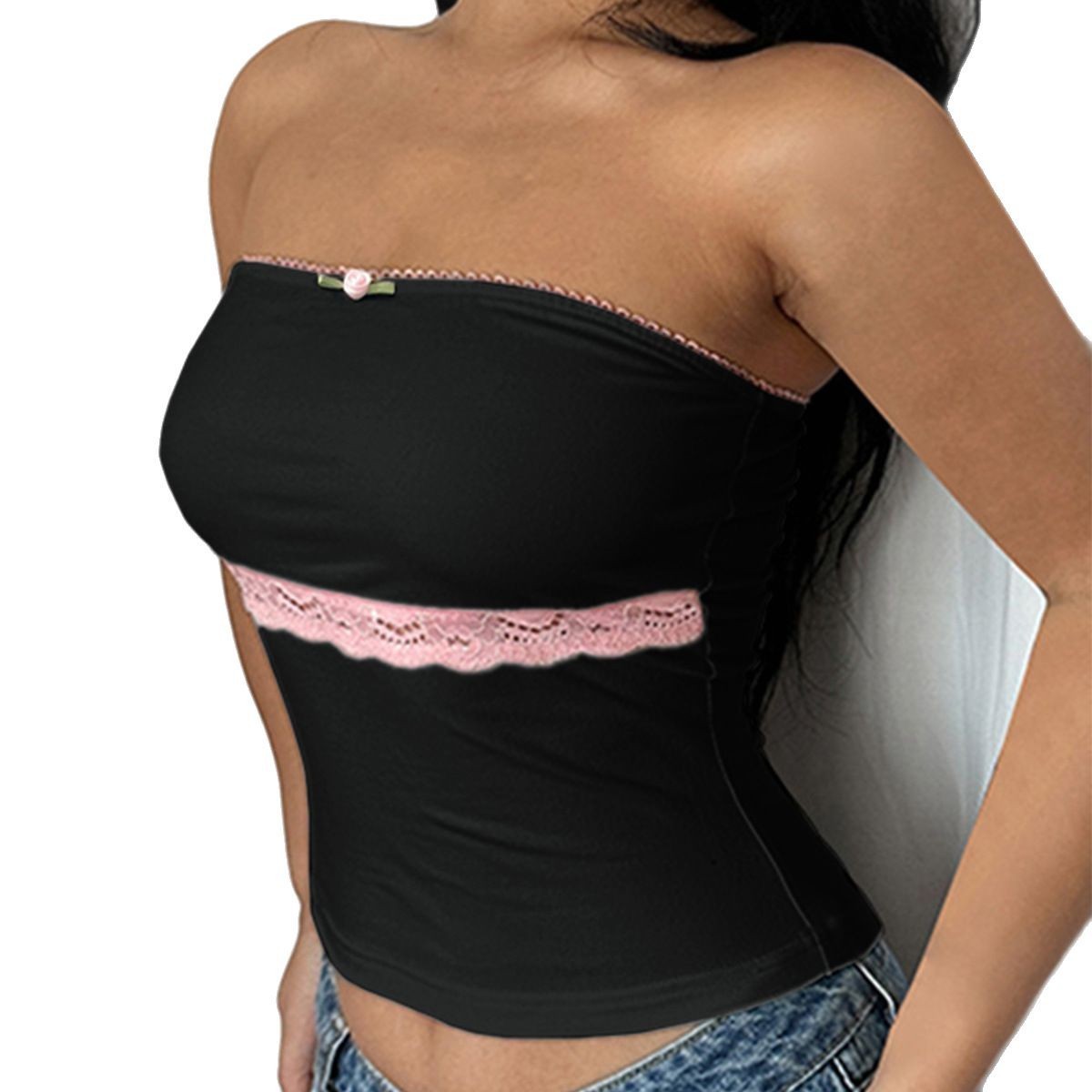 Contrast Color Lace Stitching Tube Top Vest Slim Top