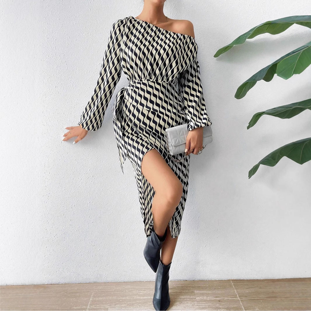 Summer Women's Waist Slant Shoulder Long Sleeve Striped Dress Long