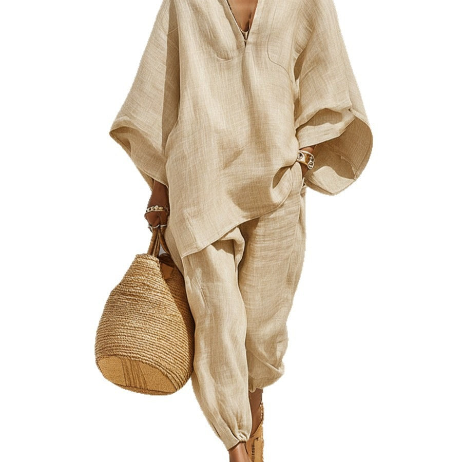 Casual Relaxed Loose-Fitting Solid-Color Shirt Set