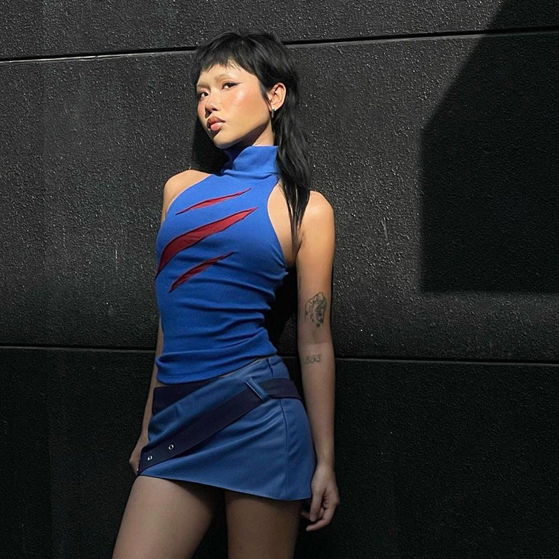 European And American Personalized Hot Girl Street Fashion High Collar Contrast Color Slim Fit Sleeveless Vest