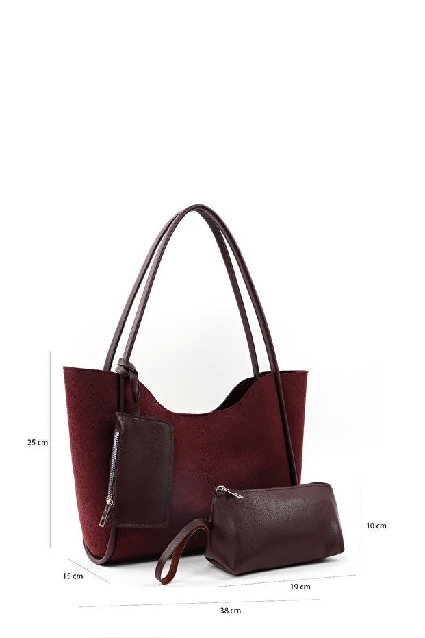 Brown SHK108 Faux Leather Women Hand And Shoulder Bag With Wallet And Makeup Bag