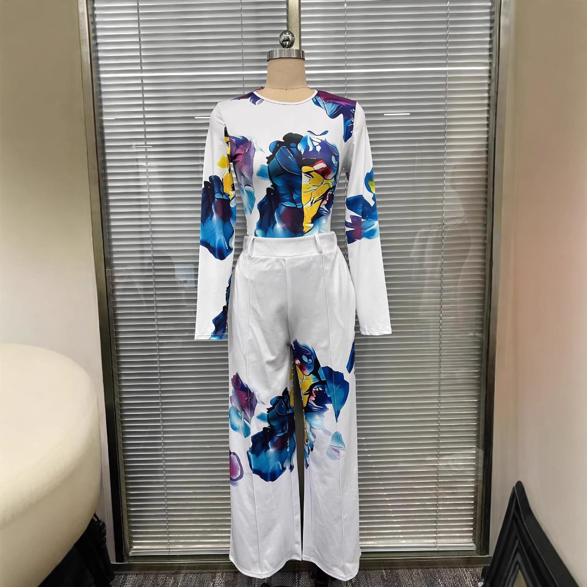 Womens Comfortable Form-Fitting Top Wide-Leg Printed Pants Set
