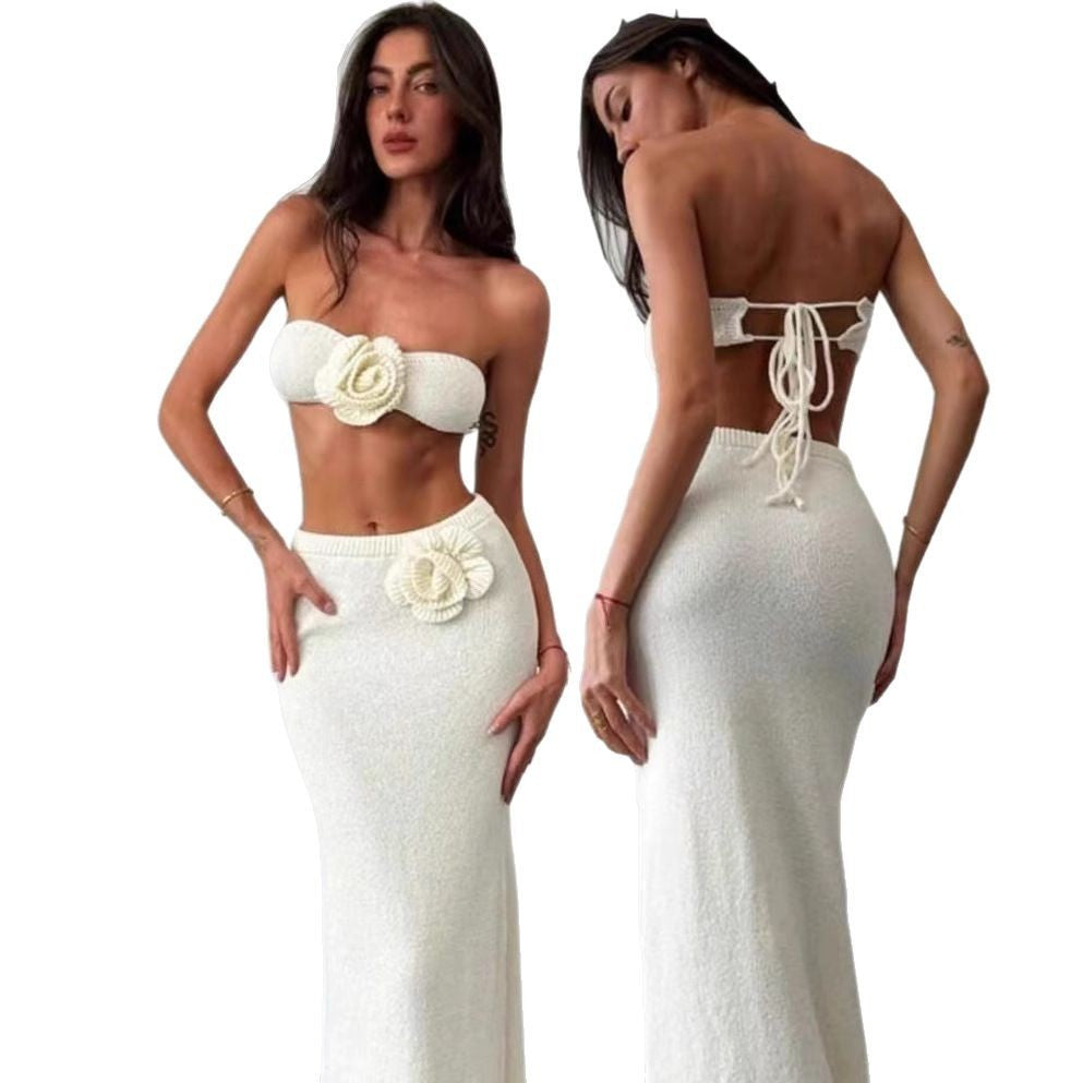 Tube Top Knitted Hollow Flower High Waist Suit Women