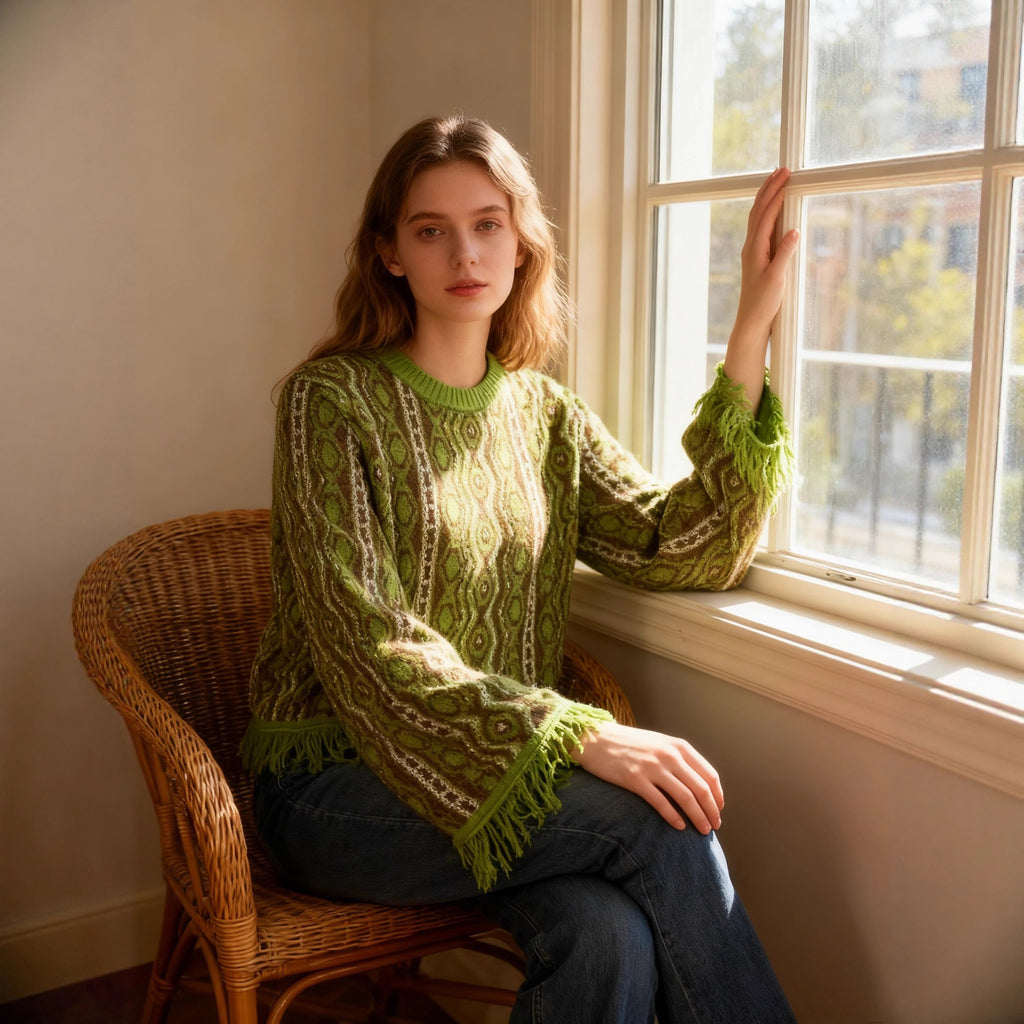 Contrast-color Jacquard Fringe Casual Round-neck Sweater