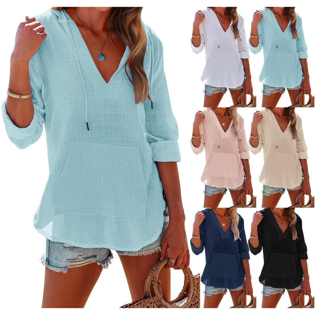 Sports Long Sleeve V-neck Pocket Hooded Women's Shirt Top