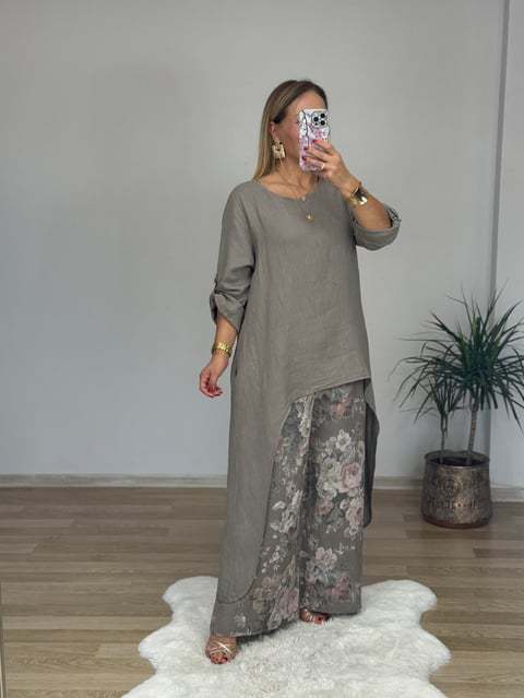 Women's Casual Cotton Linen Irregular Top Wide Leg Pants With Pockets Suit