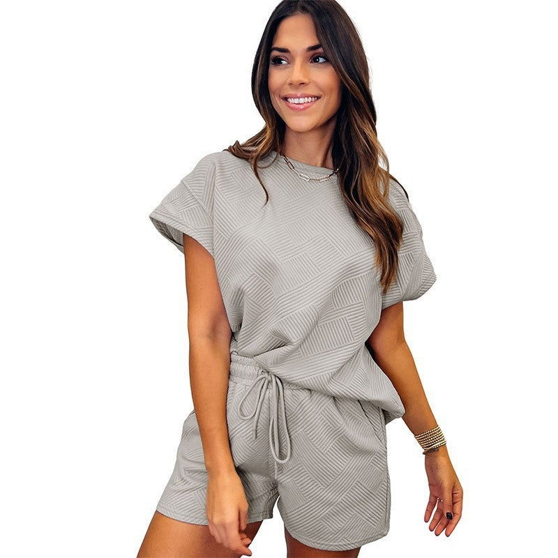 Solid Color Round Neck Short Sleeves Top Shorts Suit