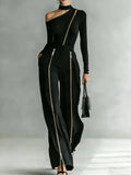 Crew-neck Long-sleeve Knit Two-way-zipper Wide-leg Pants Set