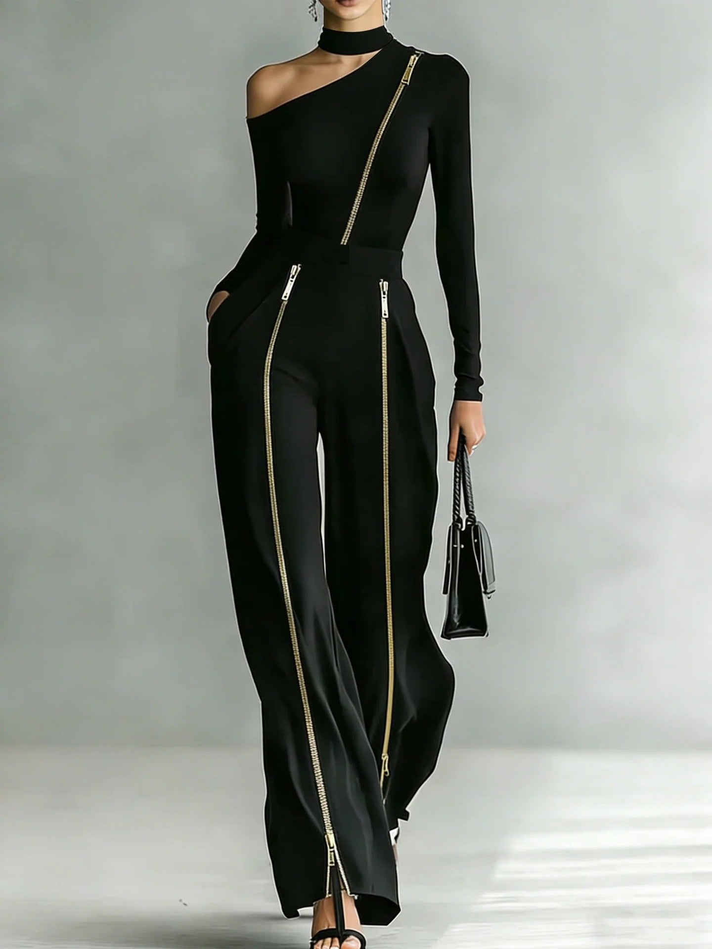 Crew-neck Long-sleeve Knit Two-way-zipper Wide-leg Pants Set