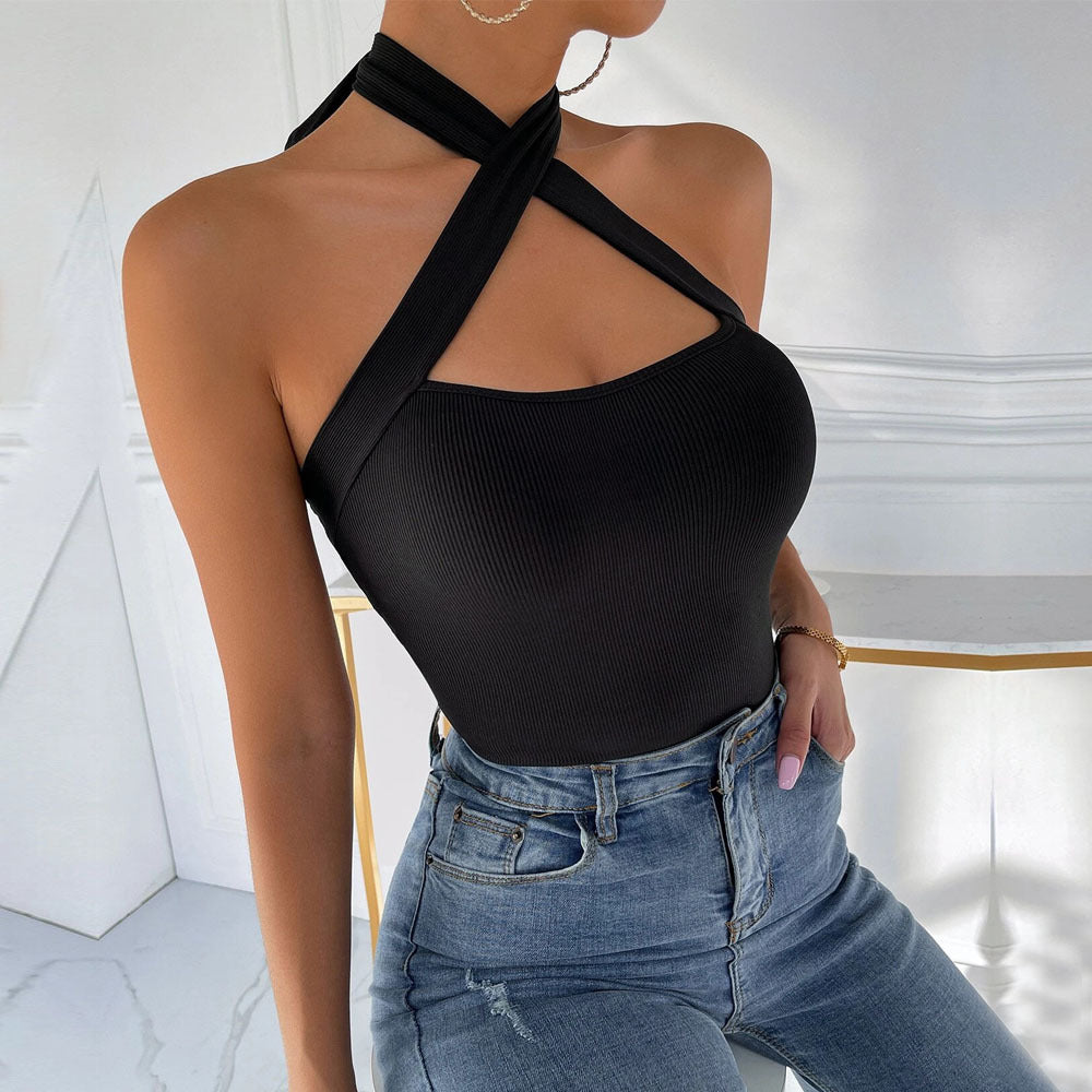 Women's Solid Color Halter Cross Small Vest Sexy Slimming Top