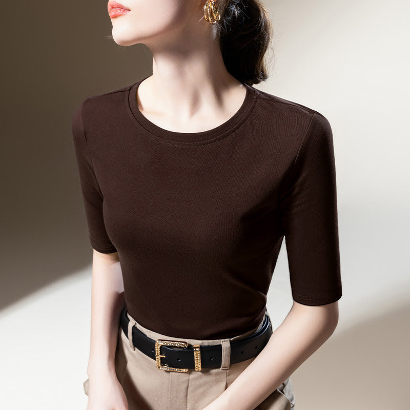 Women's Solid Color Round Neck Half-length Sleeve Cotton T-shirt Fashion Simple