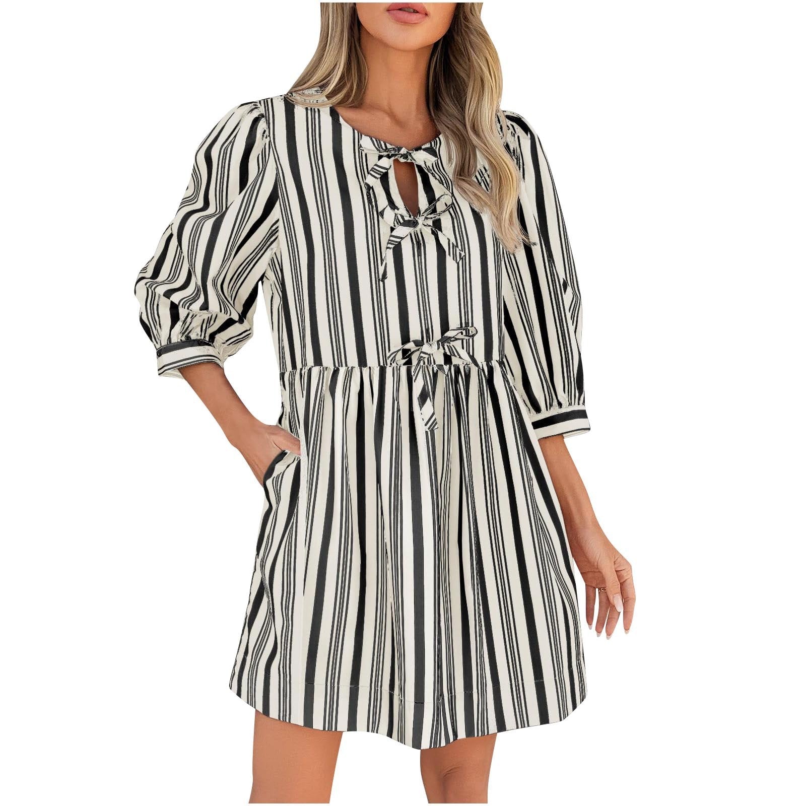 Comfort Lace-up Bow Three-quarter Sleeve Striped Dress