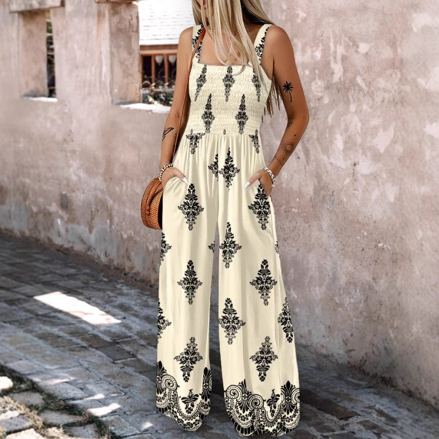 Woven Positioning Printing Women's Sling Pocket Wide Leg Jumpsuit