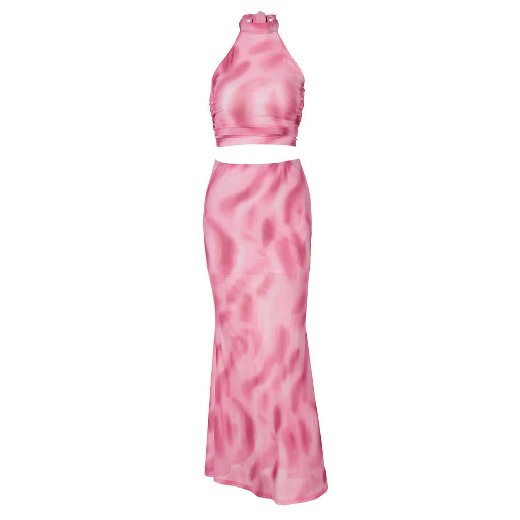 Sexy Halter Backless Print Mesh Skirt Suit