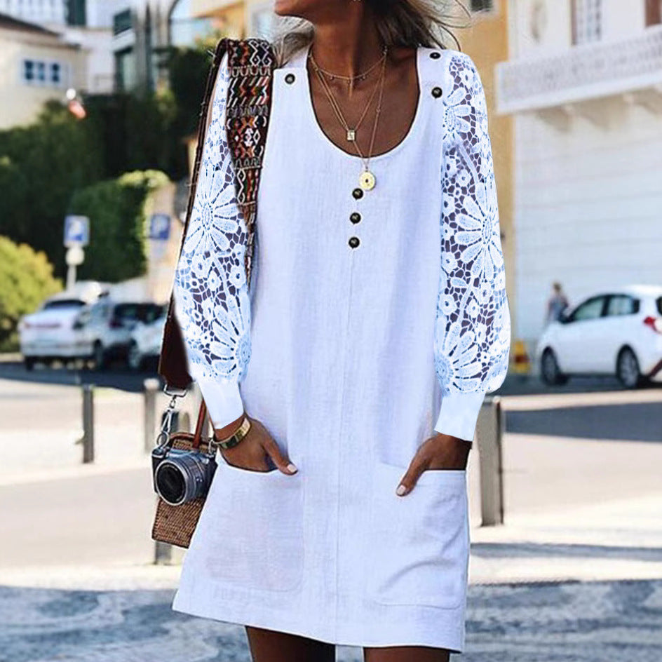 European And American Fashion Solid Color Hollow-out Long Sleeve U-neck Pocket Button Dress