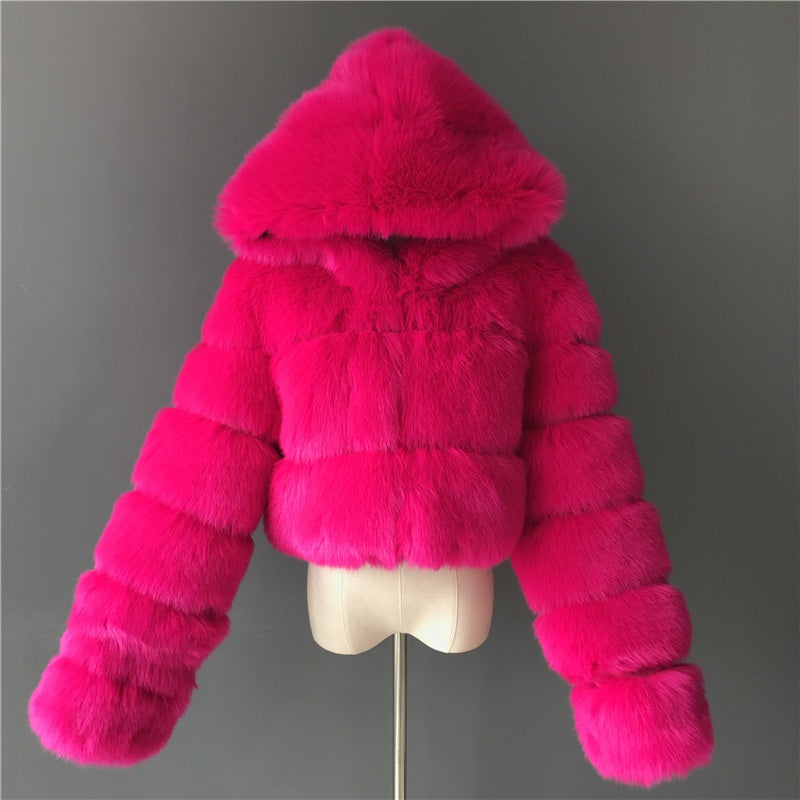 Short Hooded Faux Fur Long Sleeve Coat