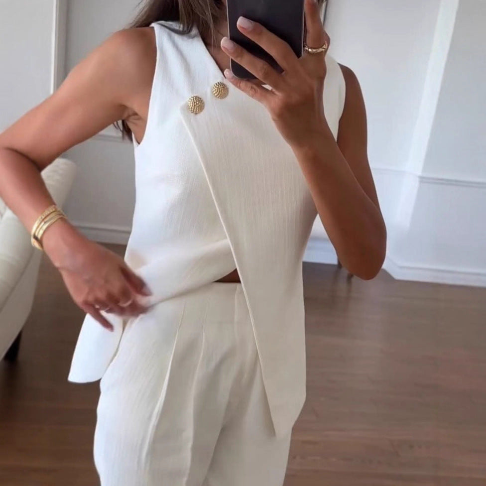 Solid Color Versatile Casual Sleeveless Suit Set