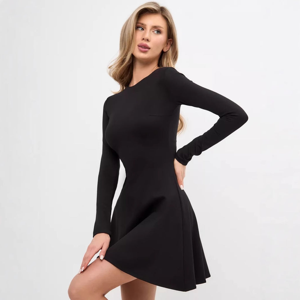 Solid Color Casual Office Round Neck Waist Long Sleeve Knitted Dress