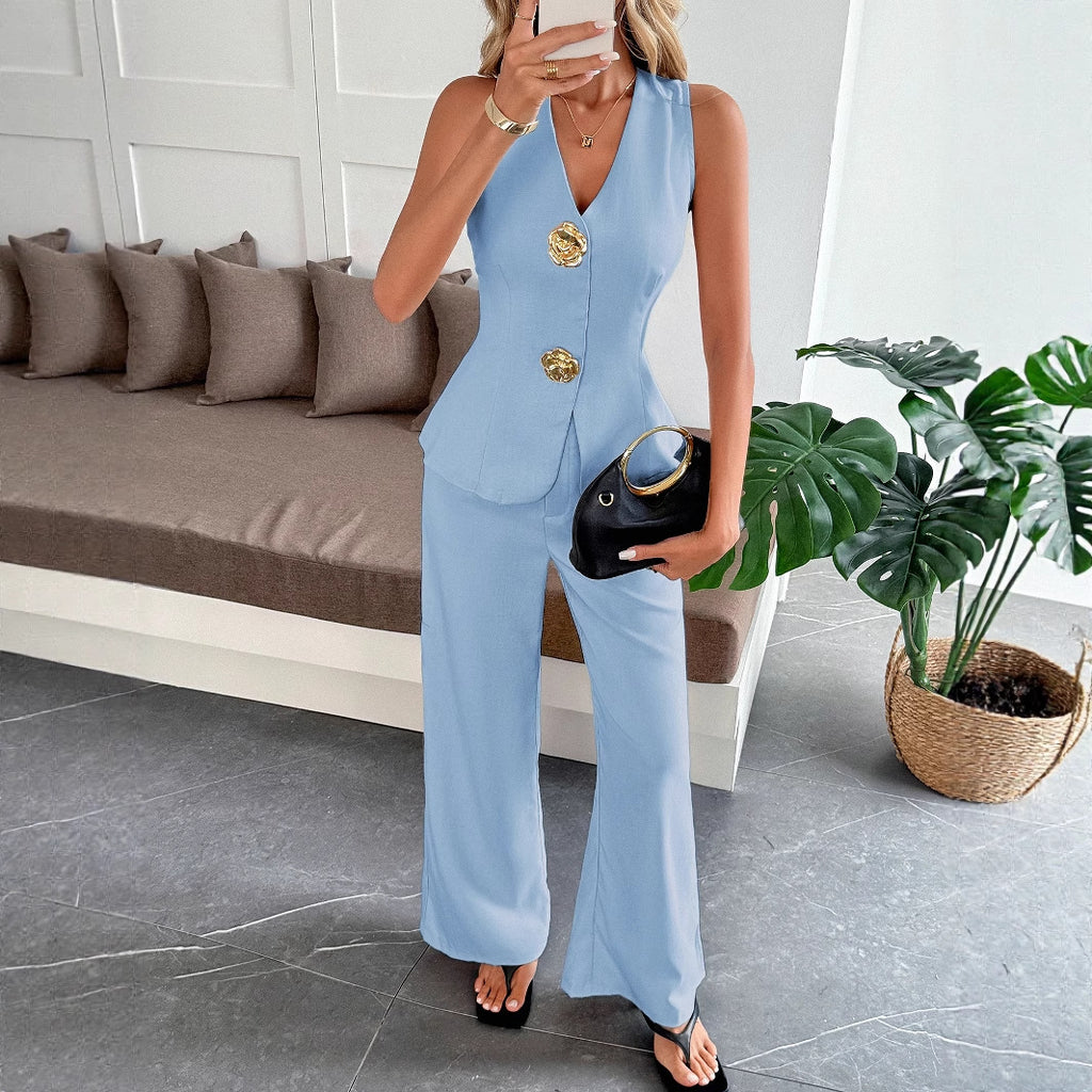 Simple-style Vest And Straight-leg Pants Two-piece Set