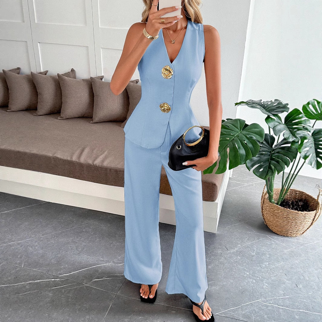 Simple-style Vest And Straight-leg Pants Two-piece Set