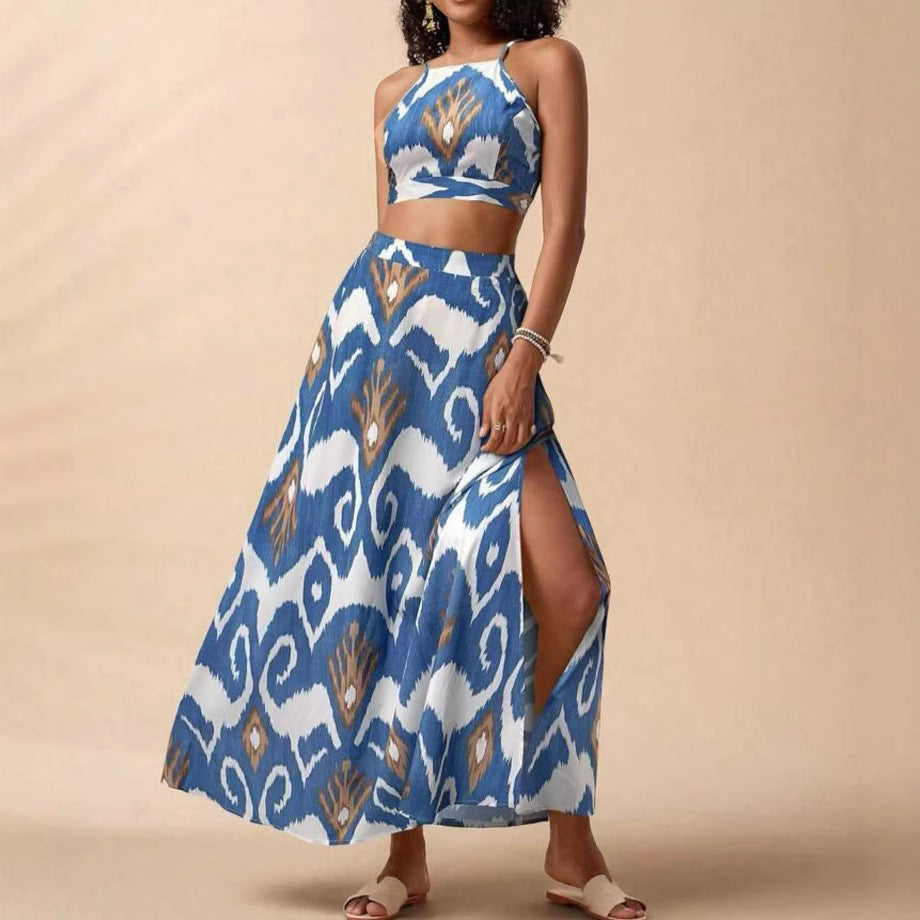 Holiday Floral Print Elegant Two-piece Set Overall Dress Set