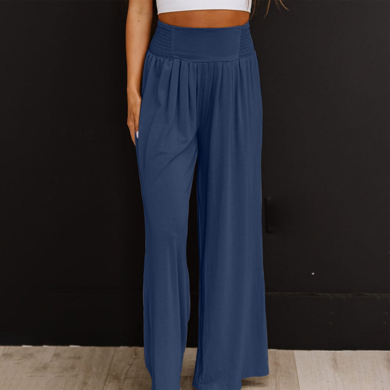 Women's Casual Cotton And Linen Smocking Distressed Mid-waist Trousers