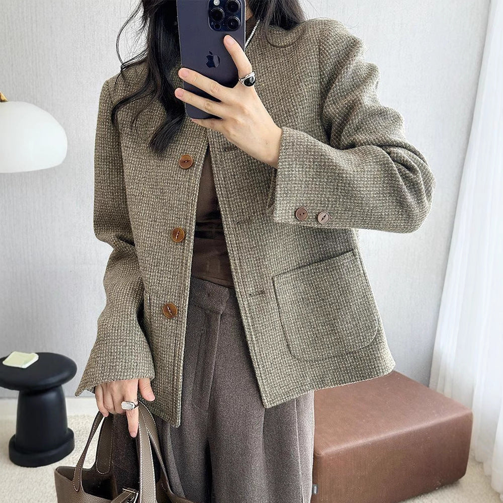 Elegant Tweed Vintage Crew-neck Coat For Women