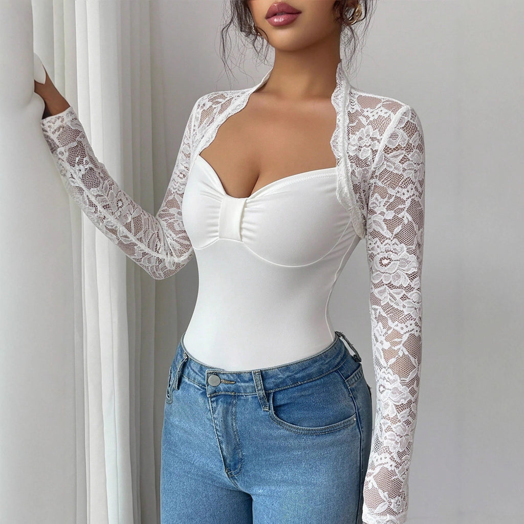 Womens Solid-Color Lace-Panel Knitted Long-Sleeve Slim-Fit T-Shirt