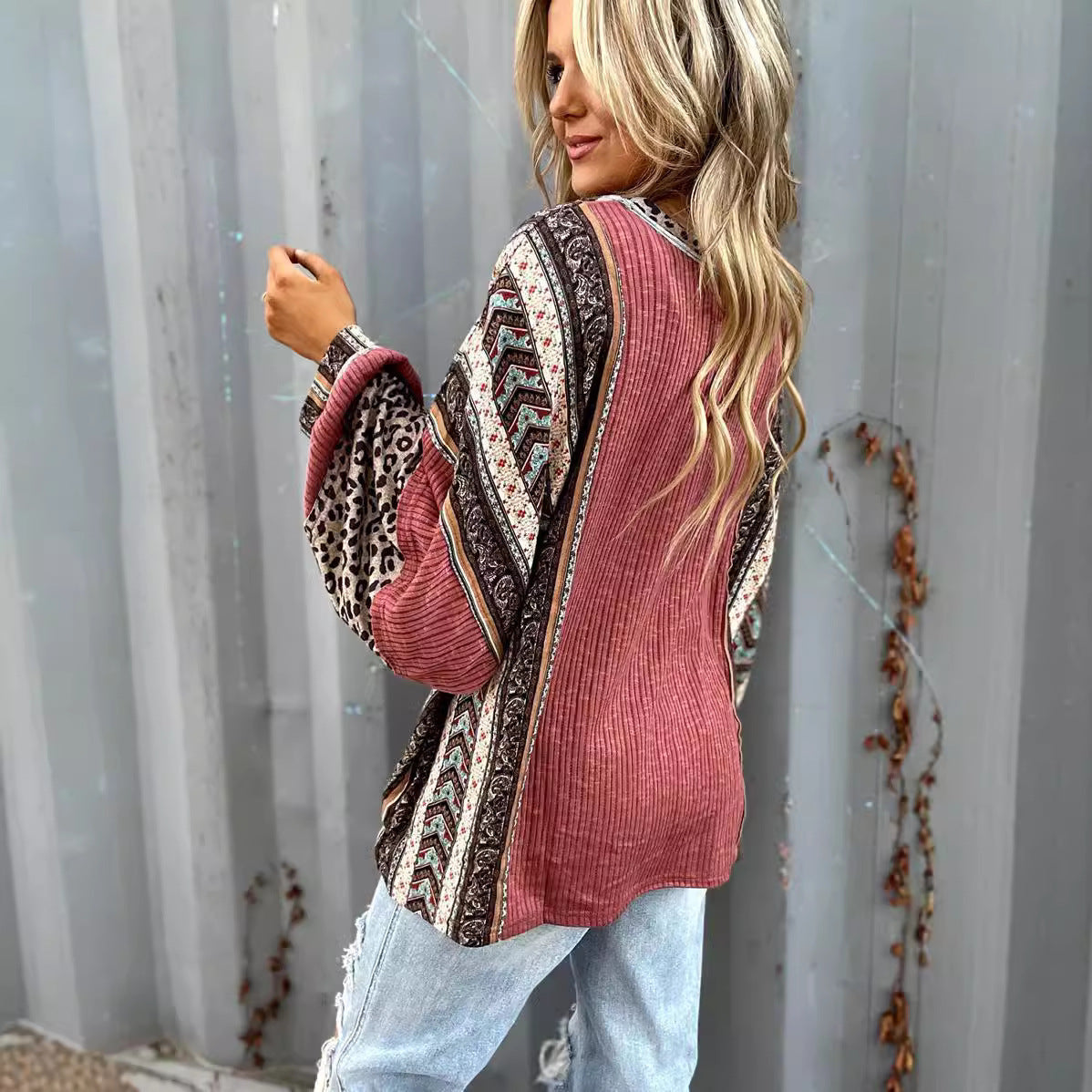 Women's Casual Shirt Contrast Color Striped Round Neck Sleeve Loose Sweater