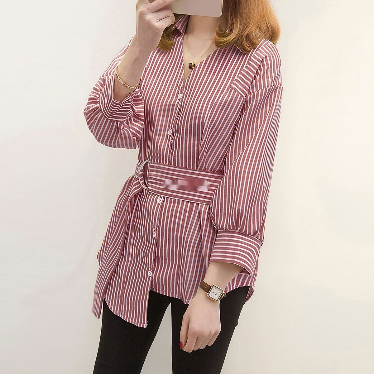 Design Sense Niche Metal Buckle Waist Striped Long Sleeve Shirt