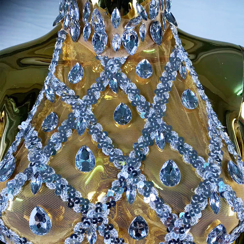 High-end Women's Heavy-duty Rhinestone Plaid Sequined Gloves Ultra-short Dress