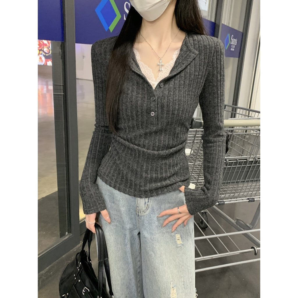 Button Half-open Collar Brushed Lace Patchwork Waist Pleated Top