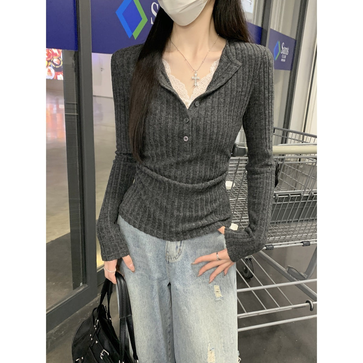 Button Half-open Collar Brushed Lace Patchwork Waist Pleated Top