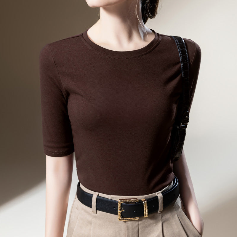 Women's Solid Color Round Neck Half-length Sleeve Cotton T-shirt Fashion Simple