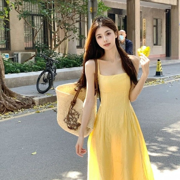 Small Yellow Gallus Dress Women's Clothing Summer New Waist-tight Temperament Long Dress Seaside Vacation Skirt