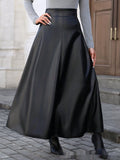 Slimming Hip-covering Mid-length A-line PU Leather Skirt With A Flared Hem