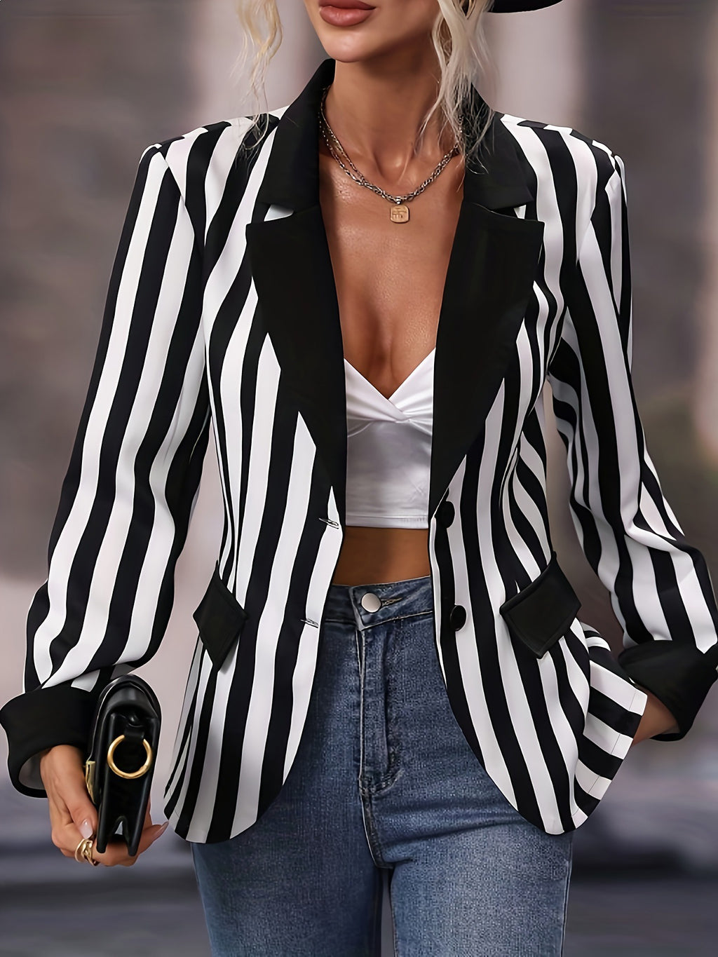 Womens Striped Slim-Fit Lapel Long-Sleeve Jacket