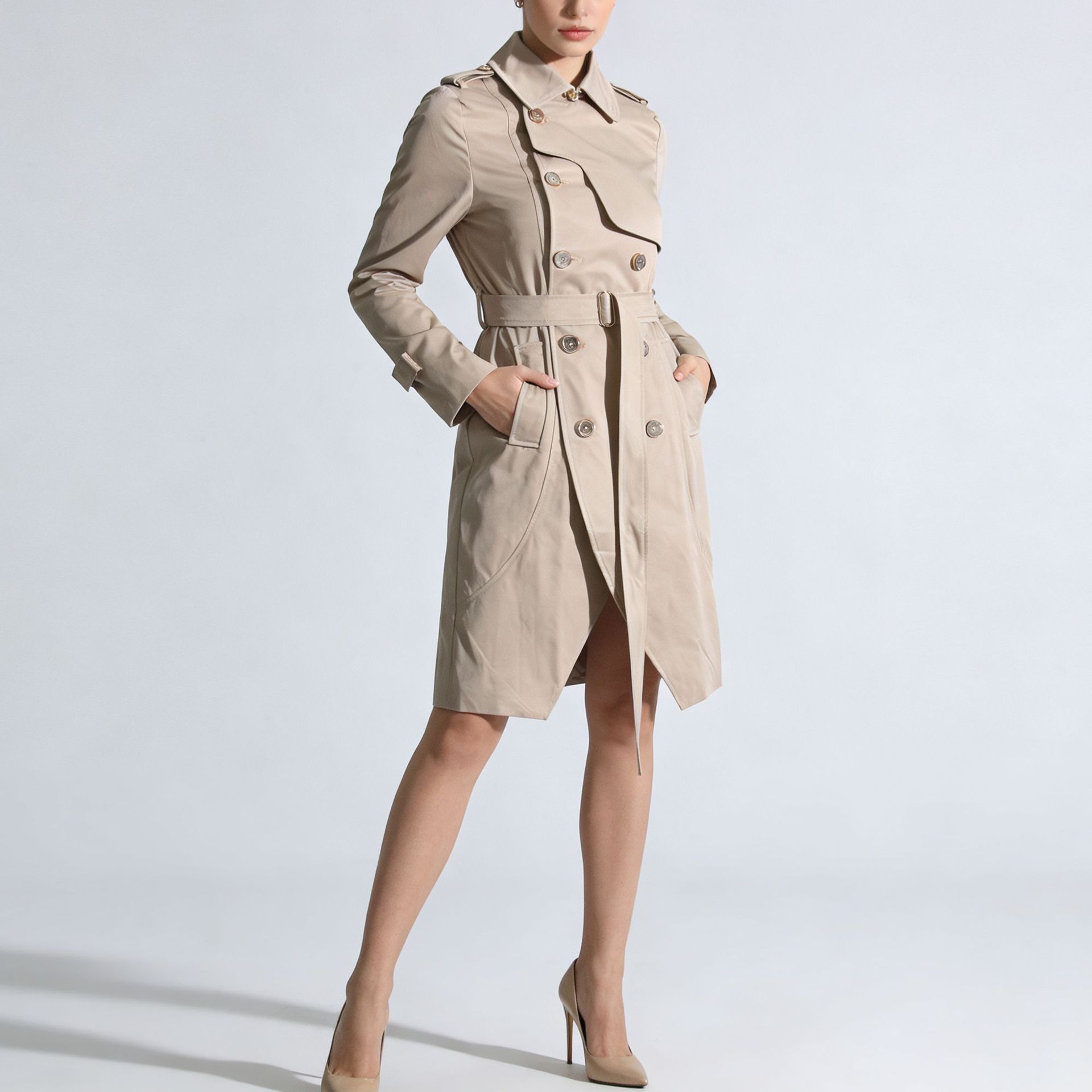 Fashion Solid-Color Long-Sleeve Trench Coat With A Turn-Down Collar And Lace-Up Details
