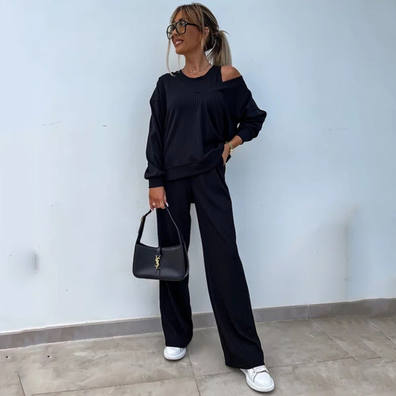 Women's Solid Color Vest Inner Match Long-sleeved V-neck Top Casual Pants Three-piece Set