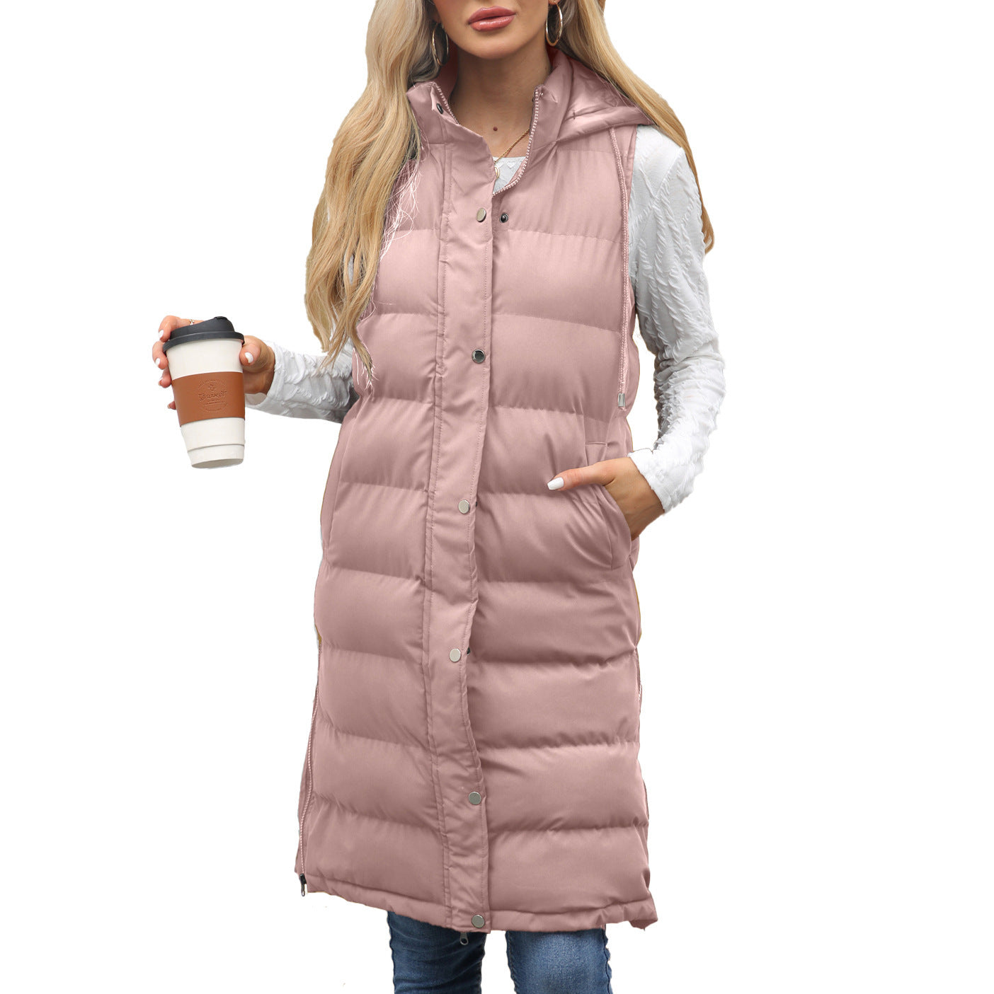 Ladies Hooded Sleeveless Zipper Cotton Padded Thickened