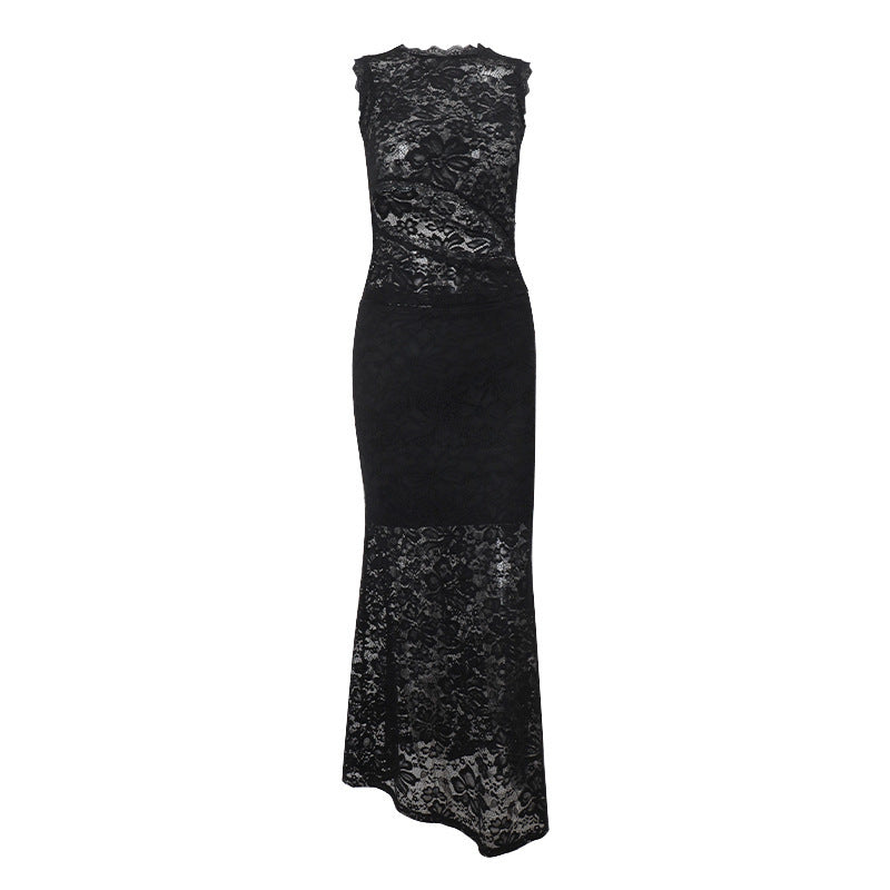 Hollow Personality Sleeveless Top Sexy Lace Sheath Skirt Suit
