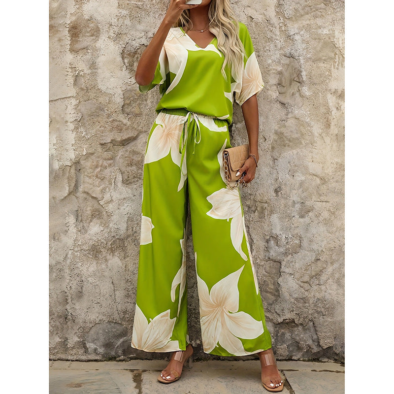 Printed V-neck Batwing-sleeve Top And Long Pants Two-piece Set