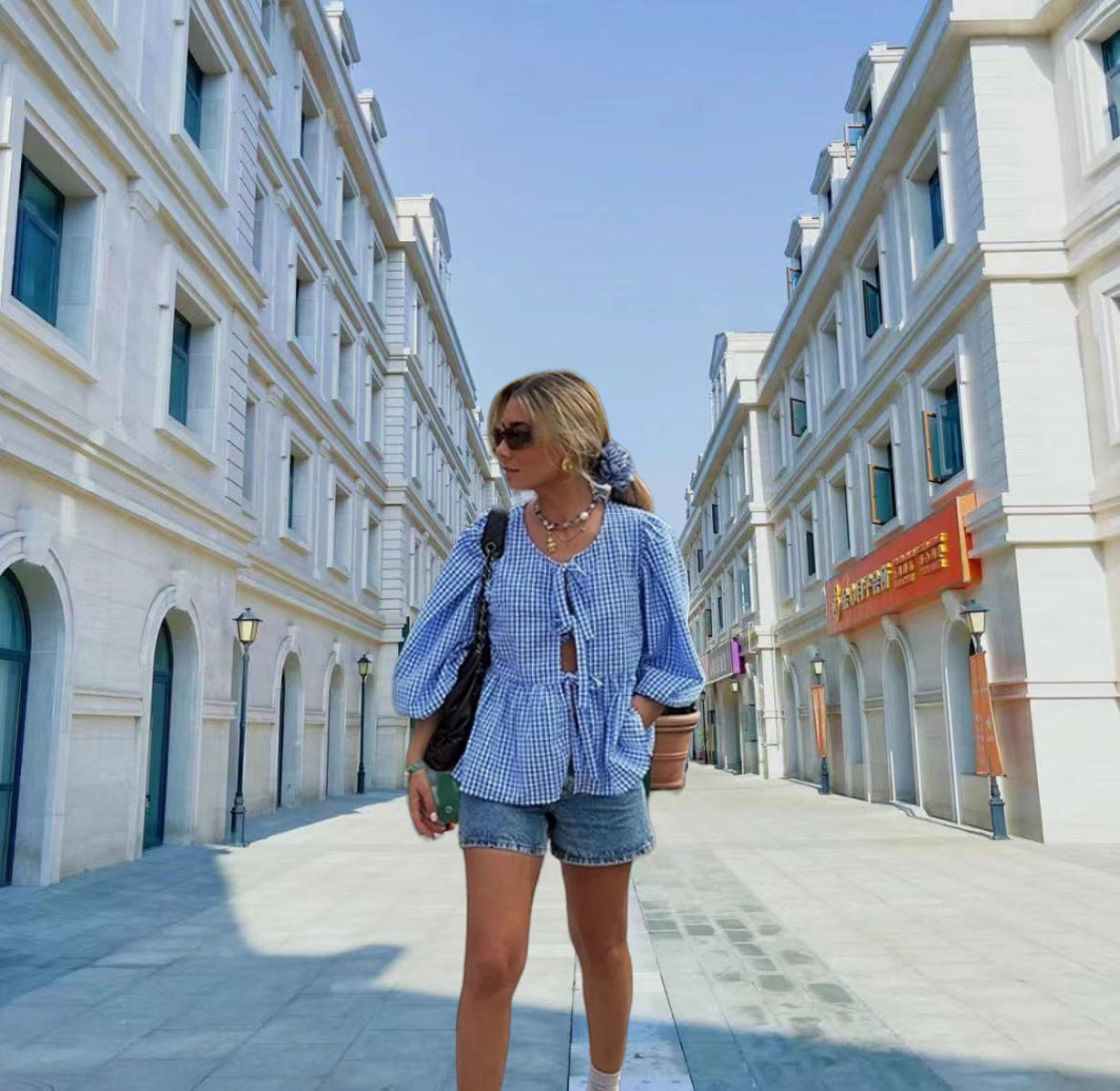 Spring And Summer New Women's Sweet And Casual Round Neck Bubble Sleeve Tied Striped Shirt