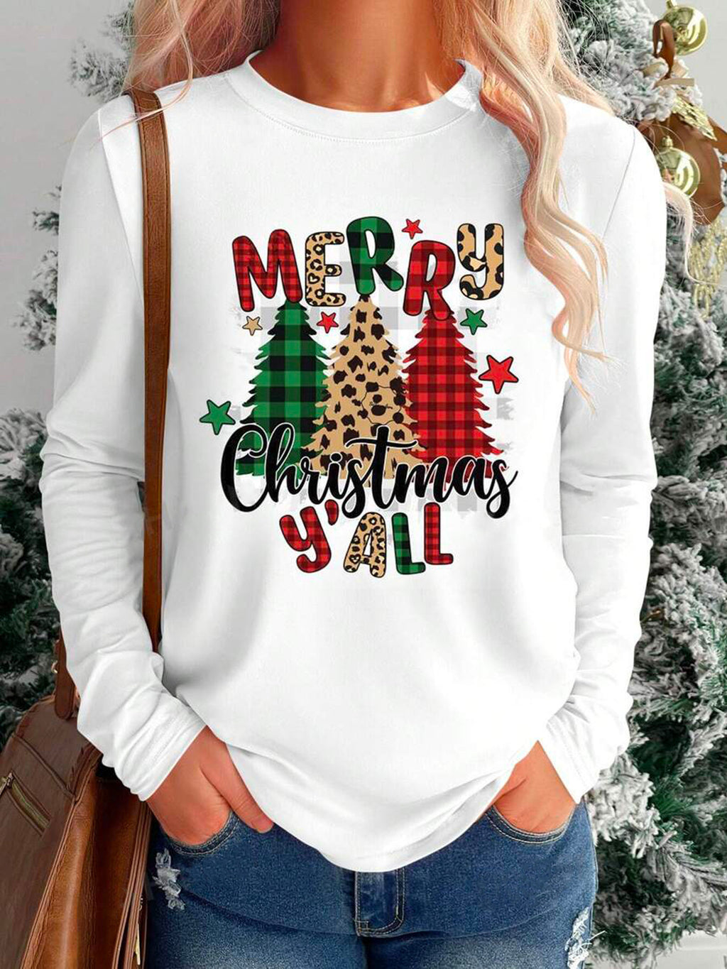 Positioning Printed Pattern Women's Long Sleeved Versatile Round Neck
