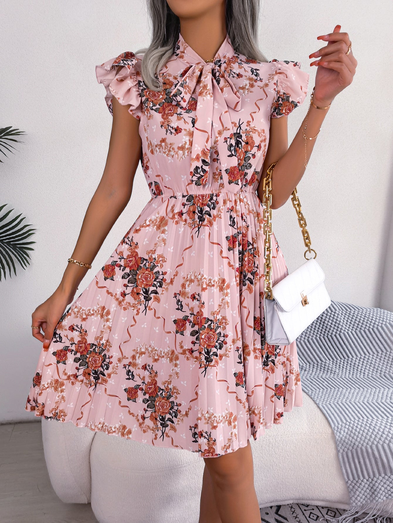 Elegant Floral Print Tie Waist Flowy Pleated Skirt