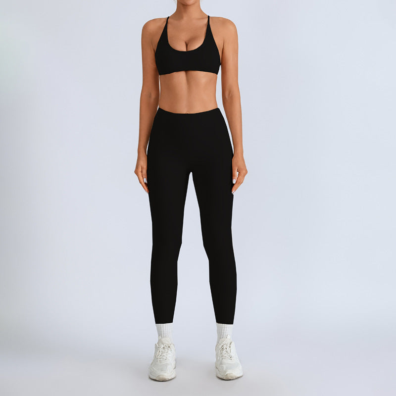 Beauty Back With Chest Pad Cross Spaghetti Strap Bra High Waist Fitness Pants