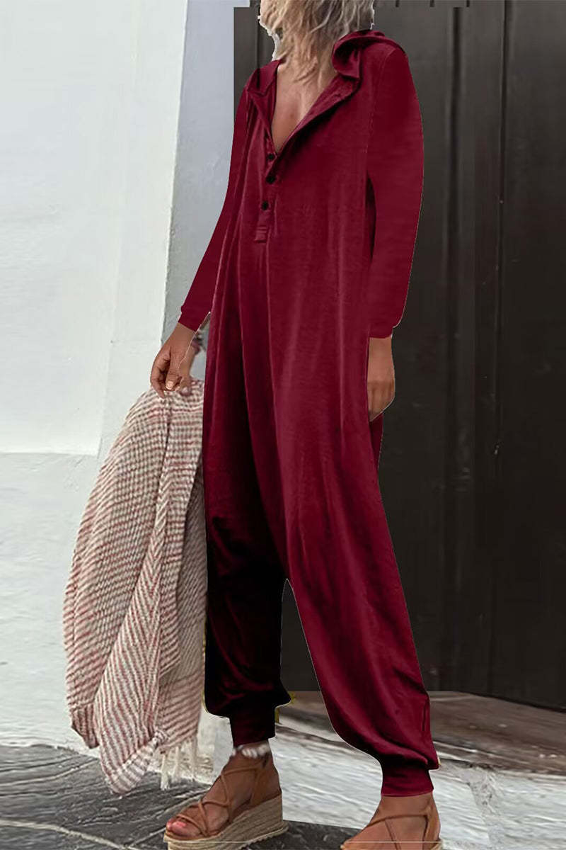 Hooded Side Pocket Long Sleeve Trousers Jumpsuit Baggy Pants